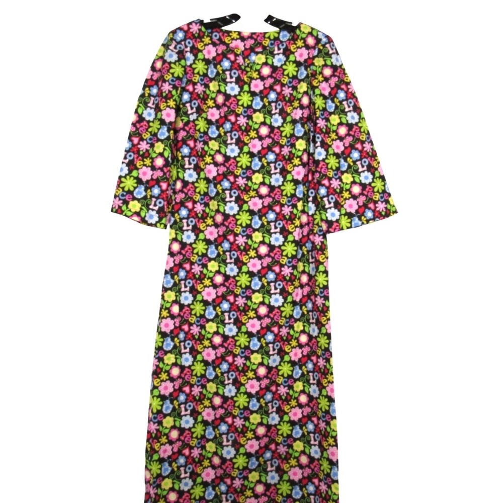 HANDMADE Black/Multicolor 70'S FLORAL PEACE & LOVE Hippie Boho SHIFT DRESS Sz S